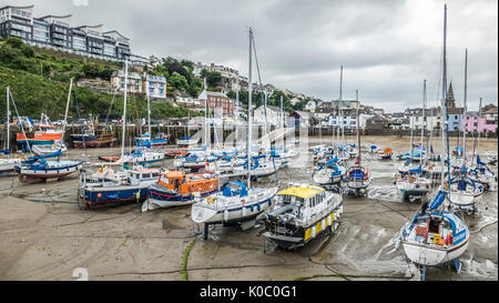 Ilfracombe Hafen mit vielen angelegten Boote bei Ebbe durch Eigenschaften umgeben, in Ilfracombe Stadt an der Küste von North Devon, England, UK. Stockfoto