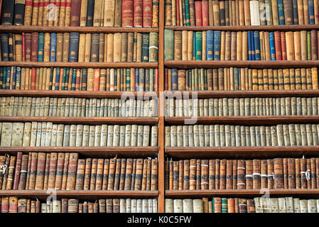 Hintergrund der alten Vintage Books auf Holz Bücherregal in einer Bibliothek Stockfoto