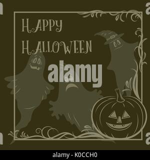 Hintergrund für Urlaub Halloween Design, Cartoon Geister Silhouetten und Kürbis Jack O Lantern Konturen. Vektor Stock Vektor