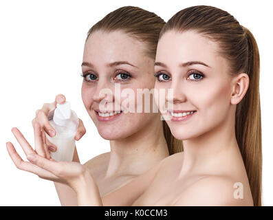 Junge Frau mit Glas in Creme. Stockfoto