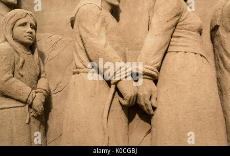 Sandkrippe, Jesolo Lido, Provinz Venedig, Italien - die heilige Familie und der Exodus der bibel; Details. Stockfoto