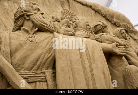 Sandkrippe, Jesolo Lido, Provinz Venedig, Italien - die heilige Familie und der Exodus der bibel; Details. Stockfoto