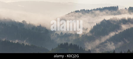 Berglandschaft kurz nach Regen. Wolken von Nebel. Misty Dorf auf den Pass. Landschaft von Berg und Wald nach regen Stockfoto