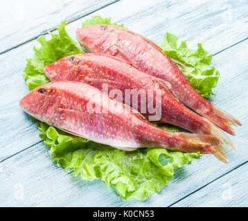 Rote Meerbarben auf dem Holzbrett. Stockfoto