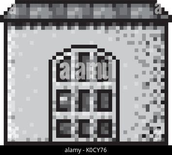 Monochrome pixelated Haus mit Dach und die große Tür Stock Vektor