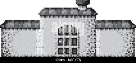 Monochrome pixelated Schloss Haus mit Dach und die große Tür Stock Vektor