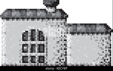 Monochrome pixelated Haus mit Kamin und große Tür Stock Vektor