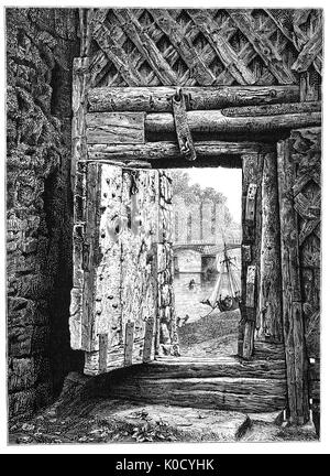 1870: Blick vom Tor der Burg Chepstow, Monmouthshire, Wales Chepstow Castle in Monmouthshire, Wales ist die älteste erhaltene Post-römischen Stein Festung in Großbritannien. Über Klippen auf dem Fluss Wye gelegen, der Bau begann im Jahre 1067. Vom 16. Jahrhundert seine militärische Bedeutung hatte nachgelassen und Teilen seiner Struktur wurden in die inländische reicht umgewandelt. Obwohl re - während und nach dem Englischen Bürgerkrieg garrisoned, durch das 1700s es in Verfall fiel. Stockfoto