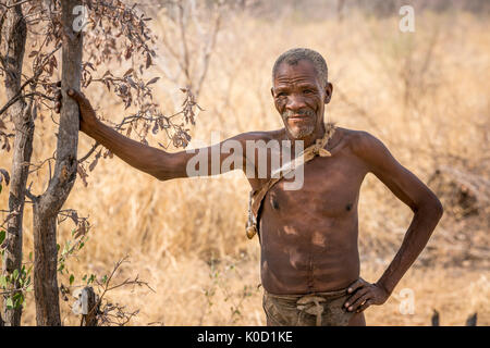 Saan Mann in Buschmann Jäger Lebendige Geschichte Dorf. Grashoek, Otjozondjupa, Namibia, Afrika. Stockfoto