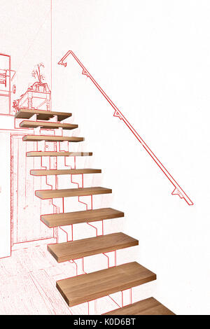 Zeichnung und geplante Hartholz Treppe und Rampe im modern renoviertes Wohnzimmer Stockfoto