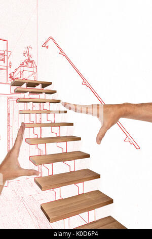Zeichnung und geplante Hartholz Treppe und Rampe im modern renoviertes Wohnzimmer Stockfoto