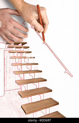 Zeichnung und geplante Hartholz Treppe und Rampe im modern renoviertes Wohnzimmer Stockfoto