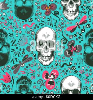 Schöne nahtlose Muster mit menschlichen Schädeln in Radierung Stil gezeichnet, Rosa, Grau und Schwarz Blumen und Cartoon Insekten vor blauem Hintergrund. Vektor Grafik für Print, Tapeten, Geschenkpapier. Stock Vektor