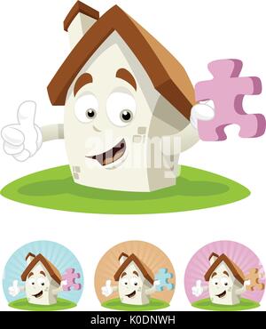 Haus Zeichentrickfigur Abbildung: Halten Sie ein Stück des Puzzles Stock Vektor