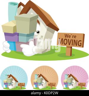 Haus Zeichentrickfigur Abbildung Kisten Verschieben an eine neue Position. Stock Vektor