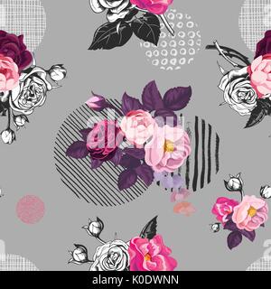Elegante nahtlose Muster mit semi-farbigen wild rose Blumen gegen grauen Hintergrund mit handbemalten kreisförmige Elemente unterschiedlicher Textur. Vector Illustration auf Stoff drucken, Geschenkpapier. Stock Vektor
