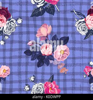Schönen floralen nahtlose Muster mit semi-bunte Blumensträuße Rosen gegen Lila Hintergrund mit grungy geschnitten Farbe wegen. Vector Illustration für Grußkarten, Tapete, Stoff drucken. Stock Vektor