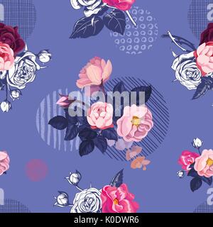 Romantisch natürliche nahtlose Muster mit farbigen blühenden Sommer Blumen und Blätter gegen Lila Hintergrund mit runden Elementen verschiedener Texturen. Vector Illustration für Textildruck. Stock Vektor