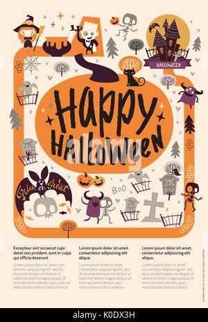 Schönen Urlaub Happy Halloween flyer Vorlage mit lustigen und gruseligen Comicfiguren und Platz für Text. Vector Illustration für festliche Party Einladung, Grußkarte, Ansage Banner. Stock Vektor