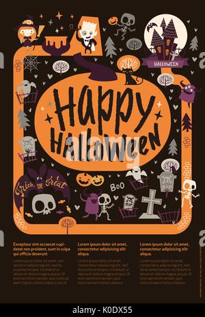 Cute festliche Happy Halloween Ankündigung banner Vorlage mit cartoon Geister, Kürbisse, Skelette und Platz für Text auf schwarzem Hintergrund. Vector Illustration für Party Einladung, Grußkarten. Stock Vektor