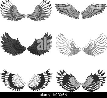 Sammlung von 6 paar elegante Vogel oder Engel Flügeln, auf weißem Hintergrund. Symbol von Flucht und Freiheit. Monochromen Vector Illustration für Logo, Banner, Werbung, Tattoo. Stock Vektor