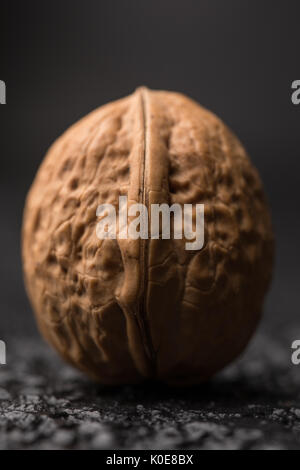 Eine schöne große Nussbaum in einer Shell auf einem schwarzen Hintergrund. Makro. Frische Ernte. Walnüsse auf eine schwarze Fläche. Stockfoto