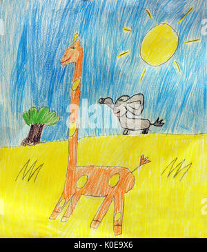 Giraffe und Elefant Kinder Zeichnung Stockfoto