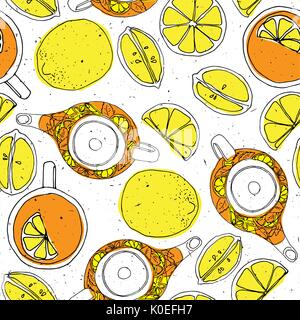 Kaffee Hand zeichnen nahtlose Muster mit Teekanne, Zitronen, Schale. Strukturierten Hintergrund skizziert. Stock Vektor