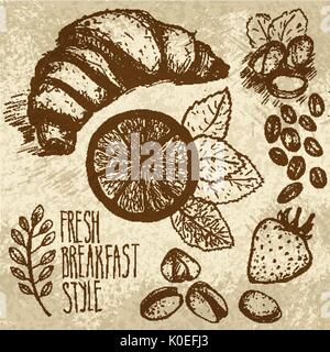 Nahtlose Hintergrund skizziert Frühstück mit Croissant, Zitrone und Beeren. Drawned auf Braun altes Papier mit Textur. Stock Vektor