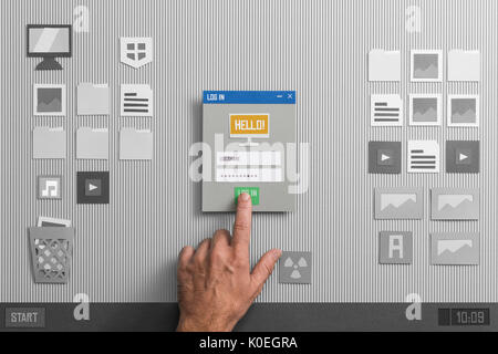 Benutzer Login und Start von Anwendungen beim Start auf einem Computer Interface, Collage und Papier schneiden Zusammensetzung Stockfoto