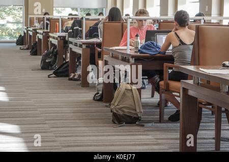 Ein Schuss in den sonnigen Gang des Albert Hutzler Lesesaals, ein zweistöckiges stilles Lesesaal in der Brody Learning Commons der Johns Hopkins University; Studenten arbeiten an Reihen von Tischen mit Laptops und Rucksäcken rund um sie; Baltimore, Maryland, März 2014. Mit Freundlicher Genehmigung Von Eric Chen. Stockfoto