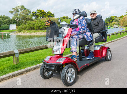 Kymco 2-Sitzer elektrische Mobilität scooter mit einem Hund reiten in den Korb. Behinderung scooter für Behinderte. Dual Person. 2 Sitze. Stockfoto