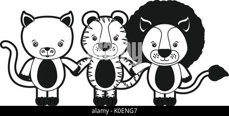 Skizze silhouette monochrome Karikatur Katze Tiger und Löwe süße Tiere die Hand Stock Vektor