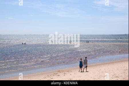 Paar am Strand entlang in Cape Cod in der Nähe einer Sandbank. Stockfoto