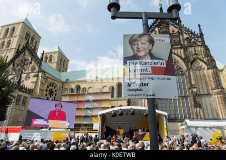 Münster, Deutschland. 22 Aug, 2017. Die deutsche Bundeskanzlerin Angela Merkel (CDU) steht auf der Bühne während ihren Wahlkampf tour in Nordrhein-westfalen vor der Kathedrale in Münster, Deutschland, 22. August 2017. Foto: Guido Kirchner/dpa/Alamy leben Nachrichten Stockfoto