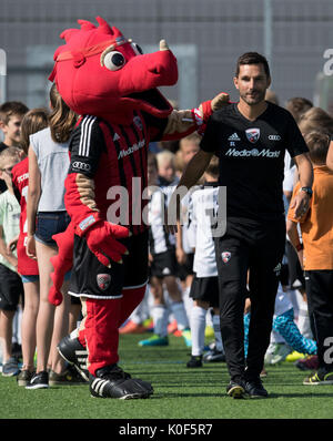 Die neuen Ingolstadt Trainer Stefan Leitl ist von Mascot Schanzi am Training der Deutschen 2. Bundesliga Fußball-Verein FC Ingolstadt 04 am Audi Sportpark in Ingolstadt, Deutschland, 23. August 2017 begrüßt. Foto: Sven Hoppe/dpa Stockfoto