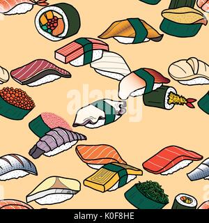 Bunte Sushi Linien Webart zusammen in Pastelltönen rosa Hintergrund. Nettes japanisches Essen Abbildung Hand gezeichneten Stil. Nahtlose patterm. Stock Vektor