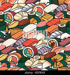 Viele bunte Sushi Roll. Nettes japanisches Essen Abbildung Hand gezeichneten Stil. Nahtlose patterm. Stock Vektor