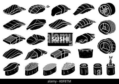 Satz mit 25 isolierte silhouette Sushi Roll. Nettes japanisches Essen Abbildung Hand gezeichneten Stil. Stock Vektor