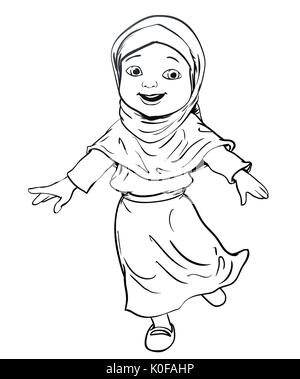 Handzeichnung muslimischen Mädchen glücklich machen. Rosa Kleid und violett Hijab. Flache Cartoon Stil. linie Vektor Illustration Stock Vektor