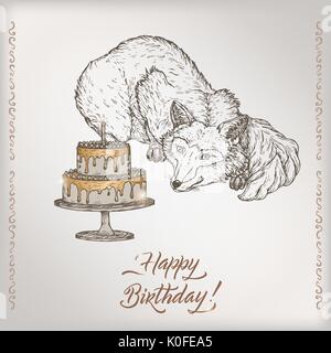 Romantische vintage Geburtstagskarte Vorlage mit Kalligraphie, Fuchs und Kuchen Skizze. Stock Vektor