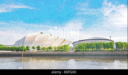 Bleistift Skizze der SEC Armadillo und die SSE-Hydro, Teil der Schottischen Veranstaltung Campus, am Ufer des Flusses Clyde in Glasgow, Schottland Stockfoto