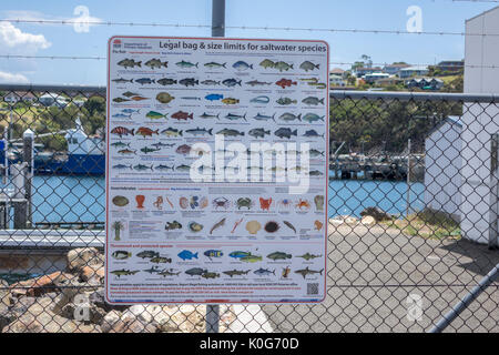 Regierung von New South Wales rechtliche Beutel- und Größenbeschränkungen für Seefische Arten Poster auf Anzeige an Port Eden New South Wales Australien Stockfoto