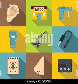 Tattoo Shop Symbole, flacher Stil Stock Vektor