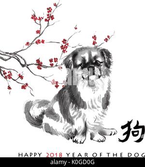 Grußkarten zum chinesischen Neujahrsfest. Eine sitzende Terrier und ein Zweig der Kirschblüte, orientalische Tuschemalerei. Mit Chinesischen hieroglyphe "Hund" und Text. Stock Vektor