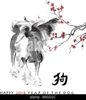 Grußkarten zum chinesischen Neujahrsfest. Ein Chinesischer Schopfhund und ein Zweig der Kirschblüte, orientalische Tuschemalerei. Mit Chinesischen hieroglyphe "Hund" Stock Vektor