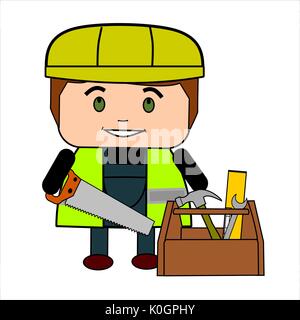 Spaß Cartoon männlichen Builder oder Arbeiter mit Säge, Toolbox, gut sichtbare Weste und Helm. Stock Vektor