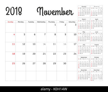 Einfacher Kalender Planer für 2018 Jahr. Kalender Planung Woche. design November Vorlage. Set mit 12 Monaten. Woche beginnt Sonntag. Stockfoto