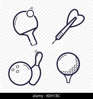 Spiele lineare Symbole. Ping-pong, Golf, Bowling, Darts Freizeitaktivitäten. Glücksspiel, sport spiel Zeile für Symbole. Stockfoto