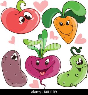 Eingestellt von funny cute Vector cartoon Gemüse mit lächelnden Gesichtern für Aufkleber oder Kids Design Stock Vektor